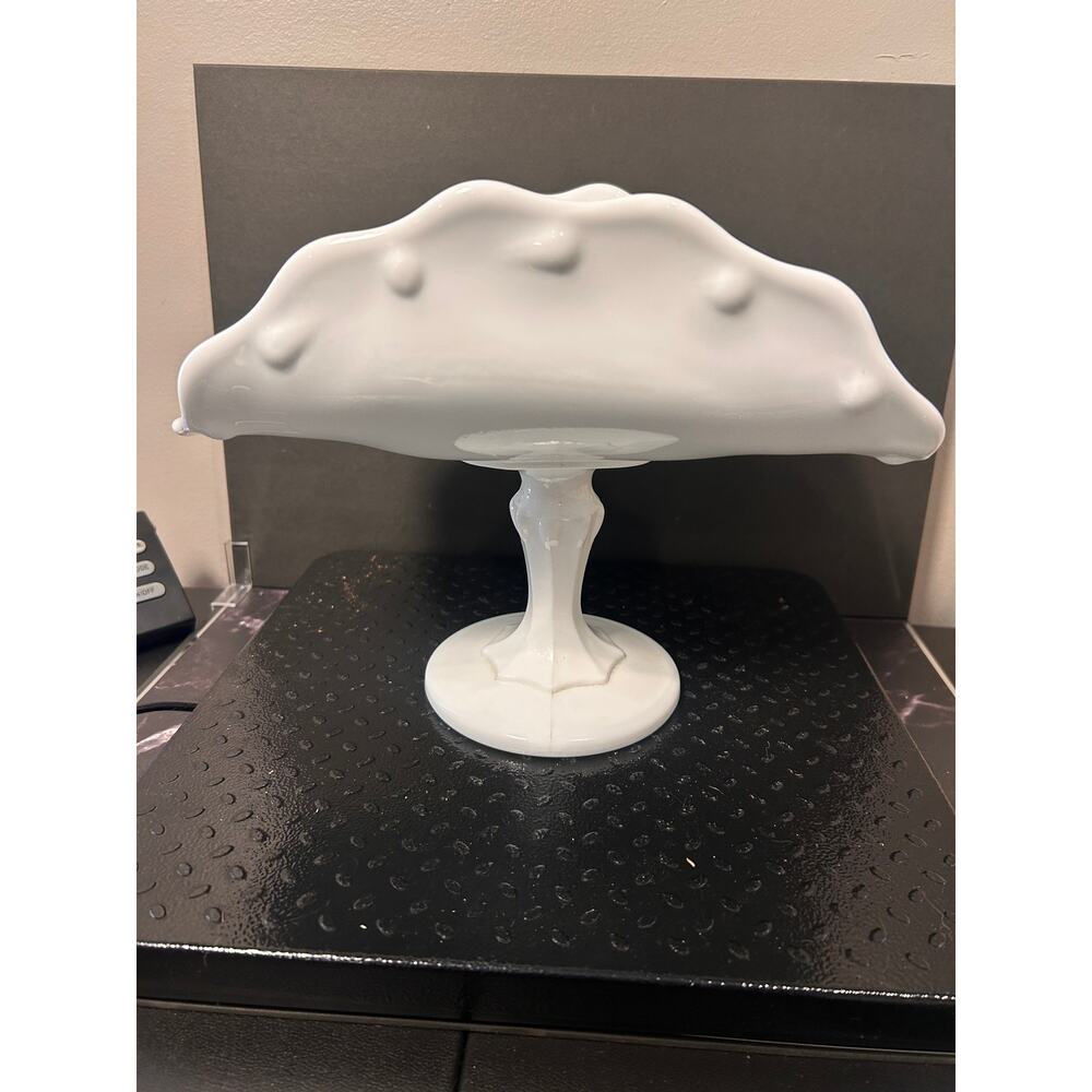 vintage white milk glass pedestal fruit bowl is a "banana boat" dish